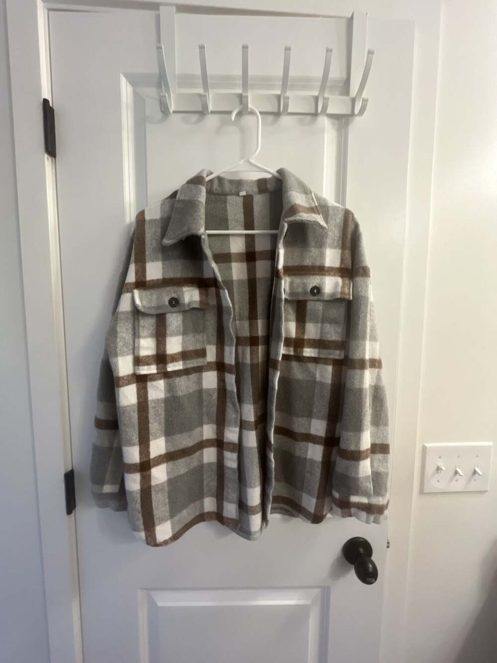 Women's Grey and Brown Plaid Flannel Button-Up Shacket Jacket